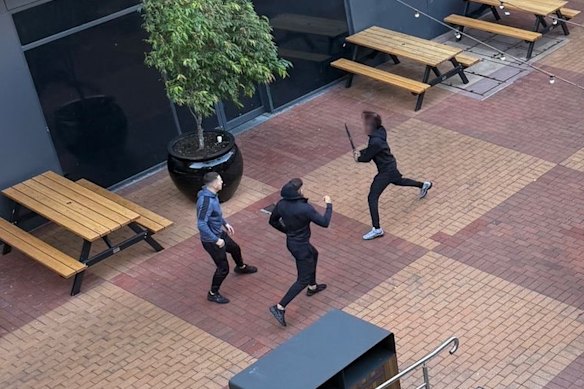 A photo taken by a witness at Northland Shopping Centre shows a person wielding a knife lunging at two others.