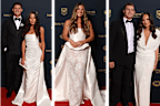 White trend on Dally M’s red carpet. L-R: Shaylee Bent; Kalyn Ponga and Mimi Bowell; Jessica Sergis; Blayke Brailey and Rebecca Brailey