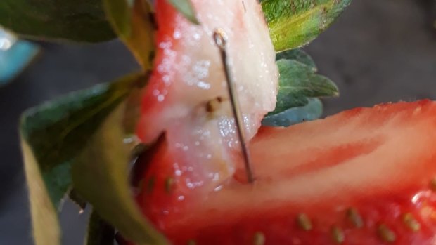 NSW mother Angela Stevenson posted this photo of the contaminated strawberry she found on Wednesday night.
