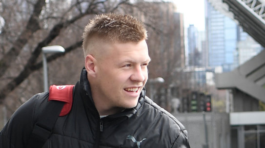 Jordan de Goey leaves Collingwood's headquarters at the Holden Centre in Melbourne on Saturday.