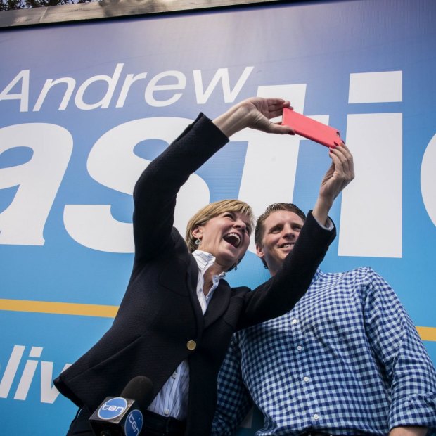 Andrew Hastie and Foreign Minister Julie Bishop take a selfie ahead of the 2015 Canning byelection.