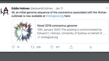 The tweet that sent the SARS-CoV-2 genome code around the world. 