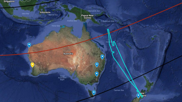A map outlining the plan for Wednesday's observation: the yellow marker is the location of the UWA Zadko telescope; the other blue markers are other collaborators who will support observations from the ground. The red line is the center line of Titan's shadow, the two black lines are the northern and southern limb of Titan, which has a diameter of a bout 5200km. The light blue line is the preliminary flight path of SOFIA out of Christchurch, as it flies to make its observation on the leg that intercepts the red line.