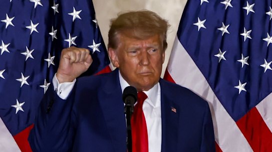 Former US President Donald Trump delivers remarks at the Mar-a-Lago Club in Palm Beach, Florida, after his arrest.