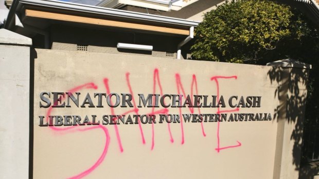 The word 'shame' was spray-painted on the walls of Michaelia Cash's Perth office.