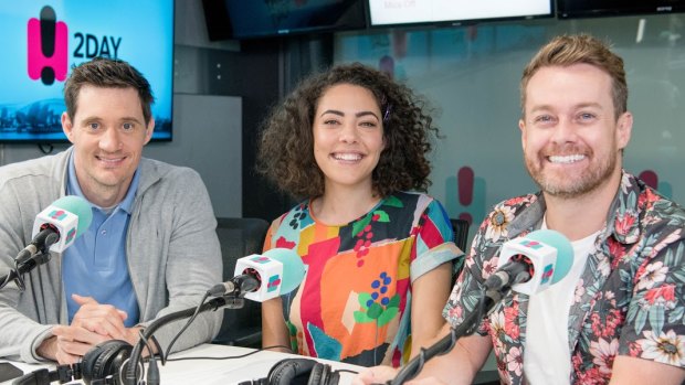 Axed: 2DayFM breakfast's outgoing hosts Ed Kavalee, Ash London and Grant Denyer.