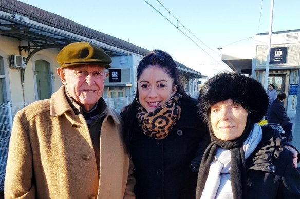 Camille Ruiz (centre) in Lunel, France, at Christmas 2017 with her grandfather, Auguste, and grandmother, Christiane. 