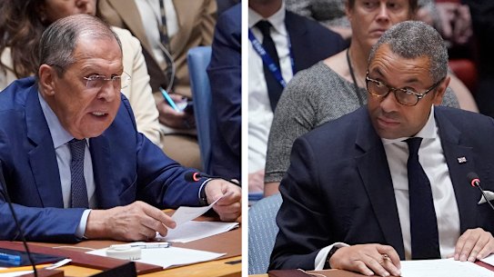 Russian FM Sergey Lavrov and Britain’s Foreign Secretary James Cleverly at the UN.