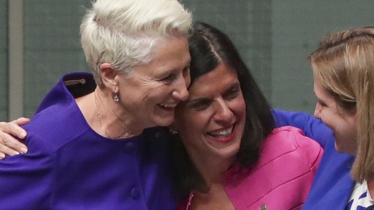 Kerryn Phelps, Julia Banks and Rebekha Sharkie celebrate after the Medevac Bill passes the House of Representatives.