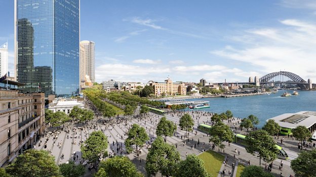 Bates Smart’s vision for Circular Quay: the removal of the Cahill Expressway and the rerouting of the City Circle train line underground to create a wide open space reconnecting Customs House to the water.