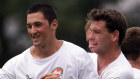 Wes Maas )left) at pre-season training for South Sydney at the end of 2001. He would rush from training to work another job.