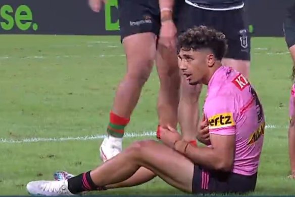 Izack Tago clutches at his chest during last week’s game against South Sydney.