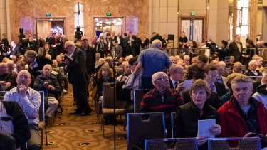 AMP's annual general meeting in Melbourne's Grand Hyatt in 2018, where the bank apologised to shareholders for the misconduct revealed at the banking royal commission.