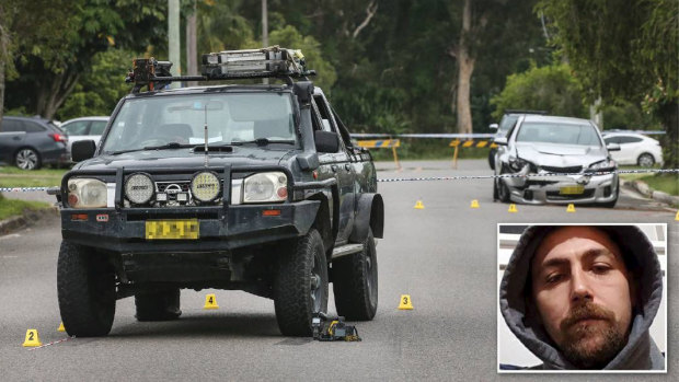 The scene of the alleged stabbing in Beach Street, Belmont South on Wednesday afternoon. And, inset, Justin Fuller, 32, was refused bail in Newcastle Local Court on Thursday charged with the murder of 50-year-old Guy Hamilton McCulloch.