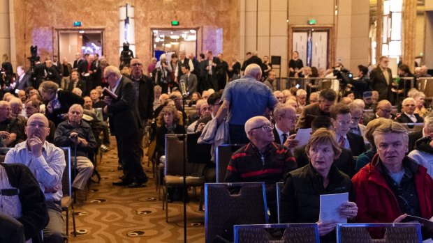 AMP's annual general meeting in Melbourne's Grand Hyatt in 2018, where the bank apologised to shareholders for the misconduct revealed at the banking royal commission.