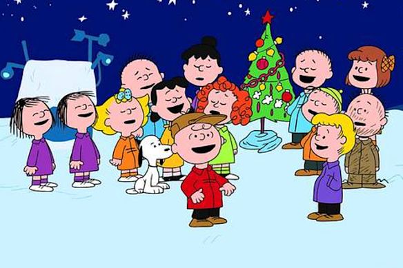 The Peanuts gang in A Charlie Brown Christmas (left to right): Three and Four, Sally Brown, Five, Snoopy, Lucy van Pelt, Charlie Brown, Violet, Frieda, Shermy, Linus van Pelt, Schroeder, Pig-Pen and Patty.