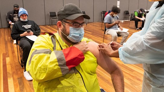 Warehouse worker Daniel Matcham gets his vaccine in Hoppers Crossing last month.