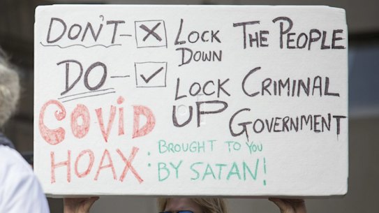 One of the signs at the anti-lockdown rally at Parliament House, Melbourne.

Photograph by Paul Jeffers
The Age NEWS
10 May 2020