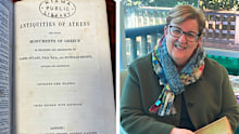 Library manager Michelle Hudson holds the book Antiquities of Athens, after its return in Kiama