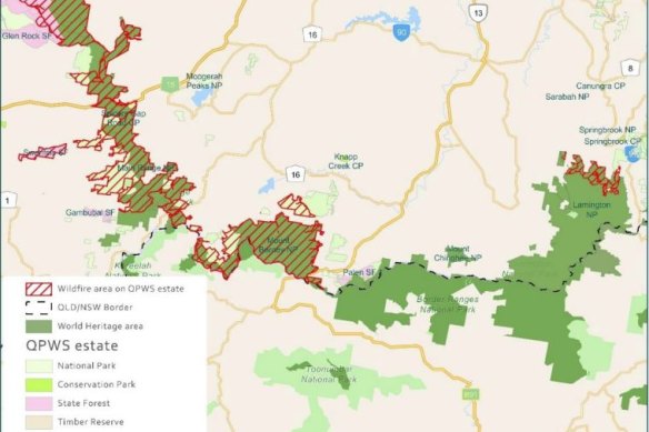 Extent of bushfire damage in Queensland's Gondwana rainforests.
