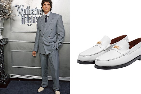 Left: actor Jacob Elordi. Right: Naked Wolfe “Roma White” loafers.