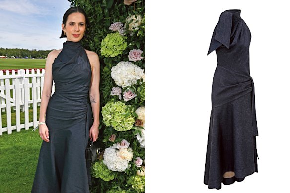 Left: actor Hayley Atwell in Zimmermann. Right: Zimmermann “Valiant” draped denim dress.