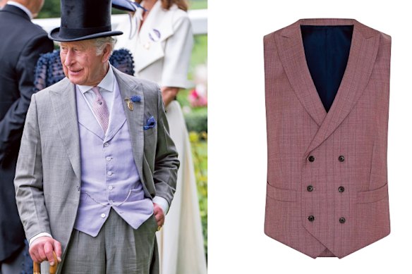 Left: King Charles at Ascot. Right: MJ Bale “Benozzo” waistcoat.