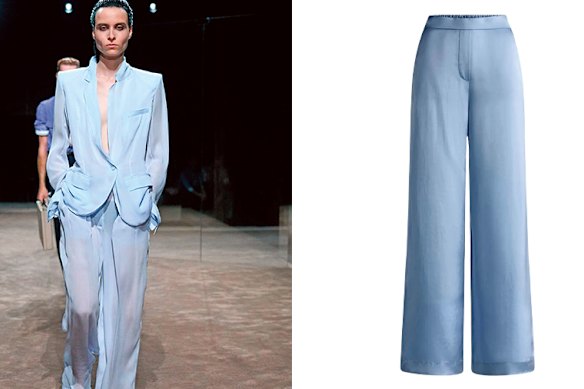 Left: Haider Ackermann for Tom Ford’s pale-blue suits at Paris Fashion Week. Right: Victoria & Woods “Skylark” pants.