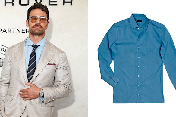Left: actor Theo James. Right: P Johnson “Light Denim” shirt.
