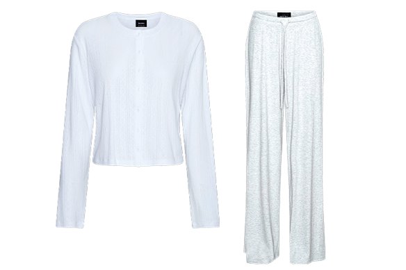 Decjuba “Sleep Pointelle” top, $50, and “Sleep Ribbed” pants in light-grey marle.