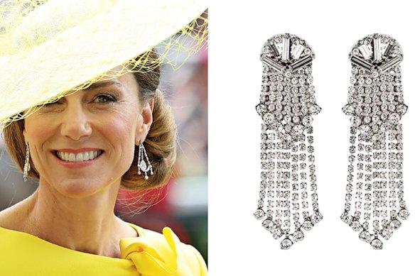 Left: Catherine, Princess of Wales. Right: Chelsea de Luca “Far Flung Fantasy” earrings. 