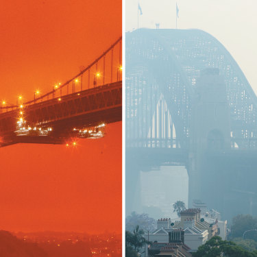 Sydney Harbour Bridge, shrouded by bushfire smoke last November. California’s wildfires sent San Francisco’s Golden Gate Bridge into daytime darkness on September 9.