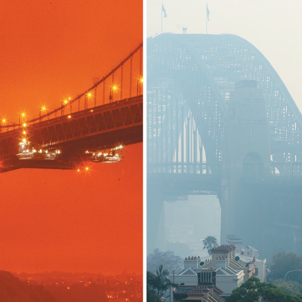 Sydney Harbour Bridge, shrouded by bushfire smoke last November. California’s wildfires sent San Francisco’s Golden Gate Bridge into daytime darkness on September 9.