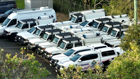 Queensland Police cars in a Brisbane depot, awaiting work by the organisation’s Fleet Services Group, July 2025.