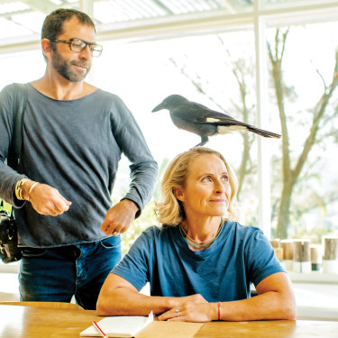 Cam and Sam Bloom with Frankie the currawong, one of the family’s current feathered friends.