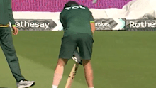 Imam-ul-Haq shadow bats with his calf taped.