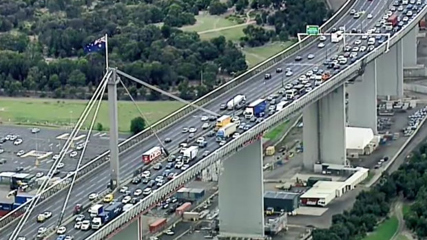 Outbound traffic on the West Gate Bridge on Friday night.