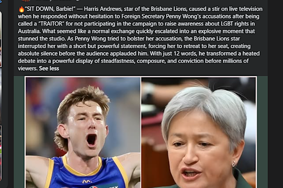 Screenshot of a fake social media post depicting Lions captain Harris Andrews and foreign minister Penny Wong. The incident didn’t happen.