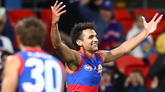 Jamarra Ugle-Hagan celebrates his third goal.