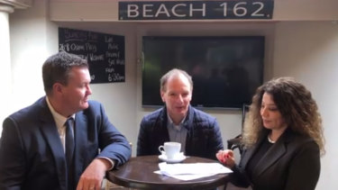 Frankston candidate Michael Lamb in August with Liberal energy spokesman David Southwick and restaurant owner Mariam Jamil.