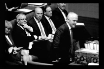 Scott Morrison, Peter Dutton, Greg Hunt and Josh Frydenberg listen as Malcolm Turnbull speaks during question time.