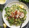 Grilled chicken with spring green tabbouleh and tarragon dressing. 