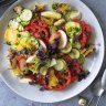 Danielle Alvarez's Tomato, nectarine and zucchini panzanella-ish salad with sweet basil dressing.