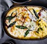 One tray cheesy baked polenta with pancetta and sage. 