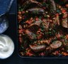Lamb sausage stew with red butter.