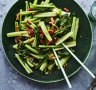 Stir-fried choy sum with bacon.