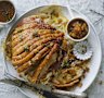 Roast crackling pork with mustard gravy and summer fruit chutney.