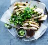 Steamed chicken with green spring onion oil.