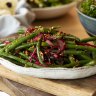 Green bean salad with pickled onions and garlic and cumin dressing.