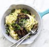 Creamy fettucine alfredo with garlic mushrooms.